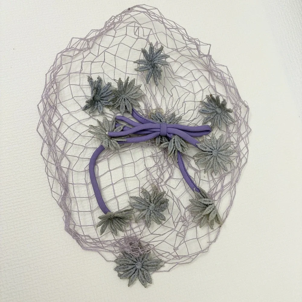 Vintage Birdcage Veil Floral Embroidered Fascinator One Size Purple